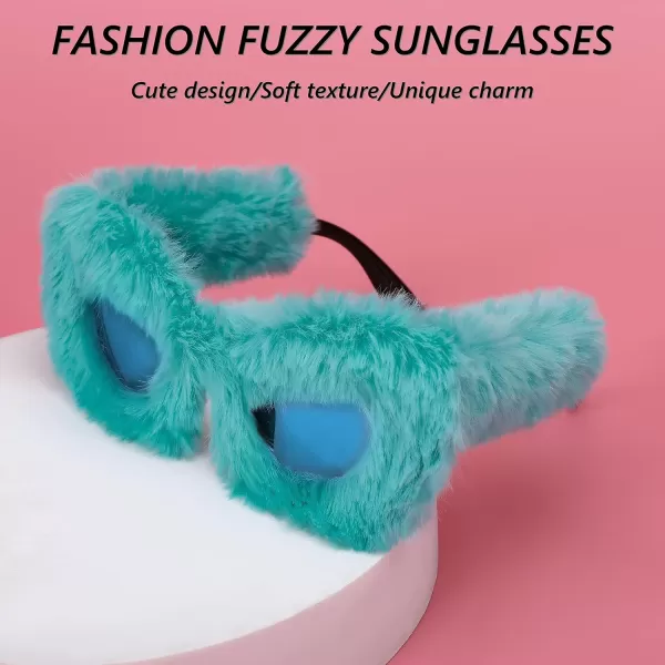 FEISEDY Women Plush Fuzzy Cat Eye Sunglasses Punk Soft Velvet Shades Ladies Handmade Party Masquerade Eyewear B2877Lake Blue