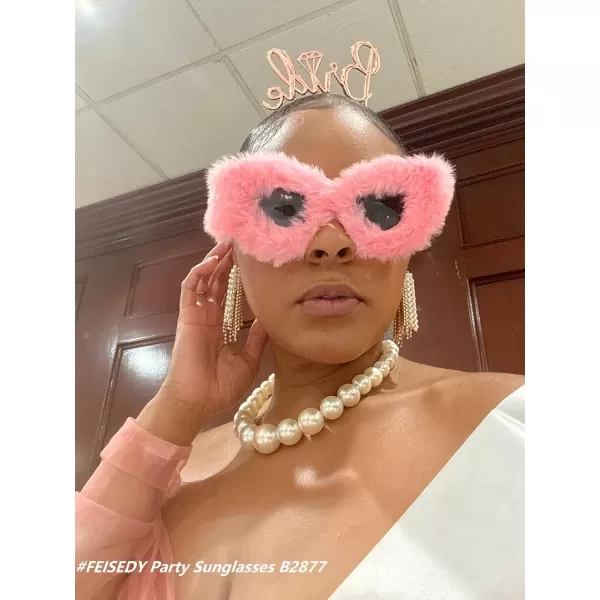 FEISEDY Women Plush Fuzzy Cat Eye Sunglasses Punk Soft Velvet Shades Ladies Handmade Party Masquerade Eyewear B2877Pink
