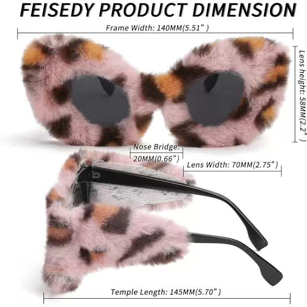 FEISEDY Women Plush Fuzzy Cat Eye Sunglasses Punk Soft Velvet Shades Ladies Handmade Party Masquerade Eyewear B2877Pink Leopard