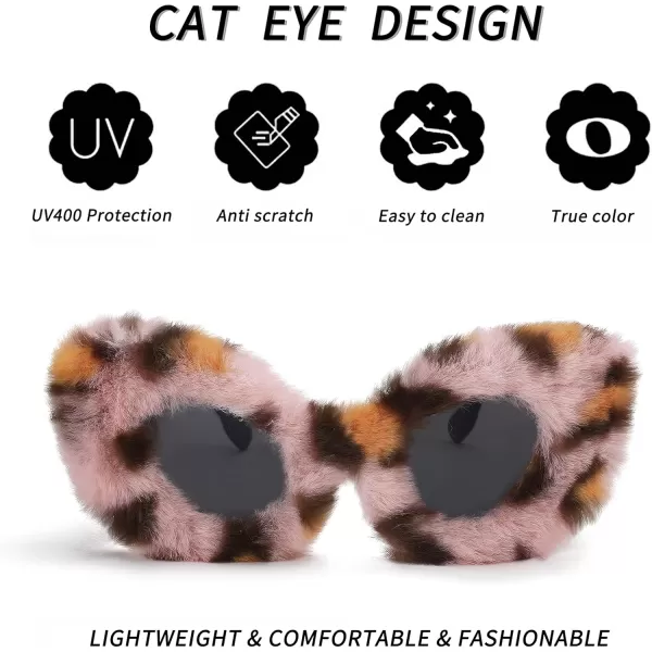 FEISEDY Women Plush Fuzzy Cat Eye Sunglasses Punk Soft Velvet Shades Ladies Handmade Party Masquerade Eyewear B2877Pink Leopard