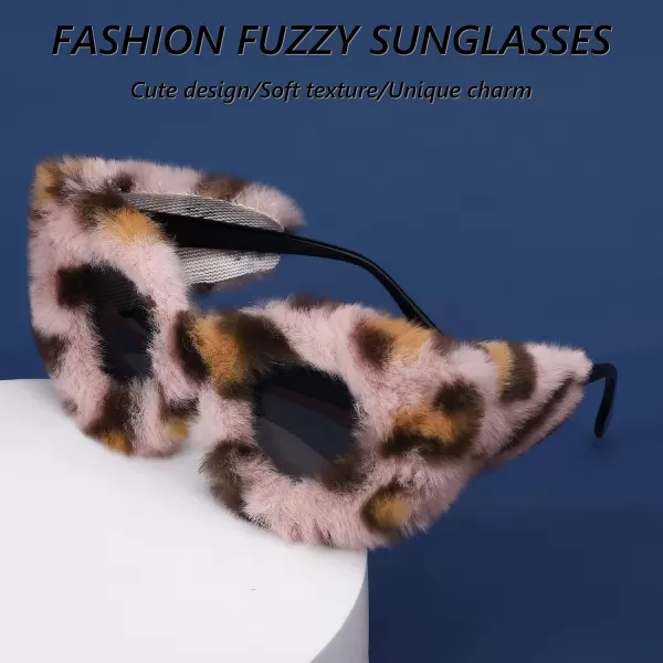 FEISEDY Women Plush Fuzzy Cat Eye Sunglasses Punk Soft Velvet Shades Ladies Handmade Party Masquerade Eyewear B2877Pink Leopard