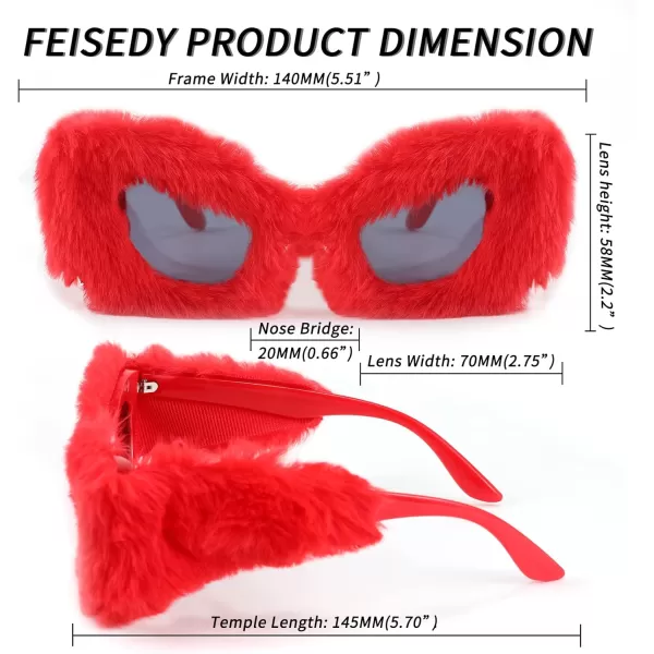 FEISEDY Women Plush Fuzzy Cat Eye Sunglasses Punk Soft Velvet Shades Ladies Handmade Party Masquerade Eyewear B2877Red