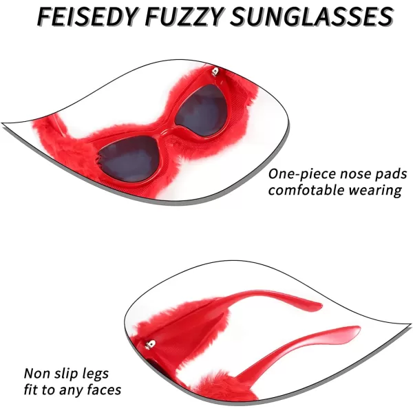 FEISEDY Women Plush Fuzzy Cat Eye Sunglasses Punk Soft Velvet Shades Ladies Handmade Party Masquerade Eyewear B2877Red
