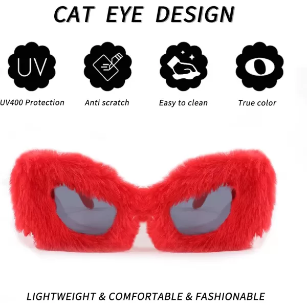 FEISEDY Women Plush Fuzzy Cat Eye Sunglasses Punk Soft Velvet Shades Ladies Handmade Party Masquerade Eyewear B2877Red