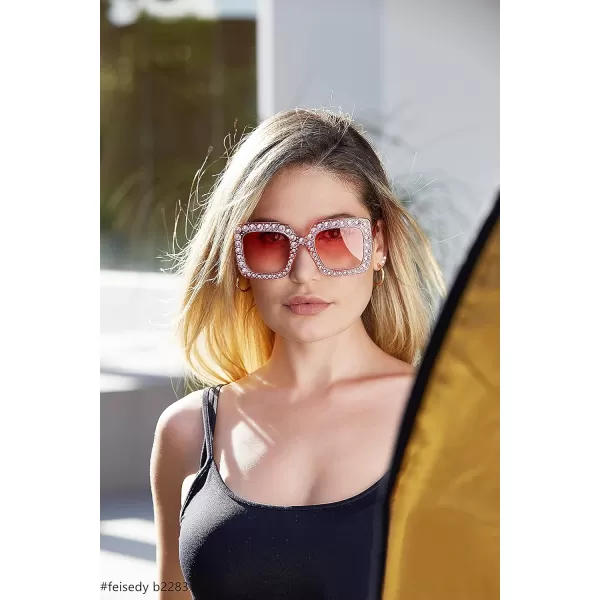 FEISEDY Women Sparkling Crystal Sunglasses Oversized Square Thick Frame B22831 Gradient Pink