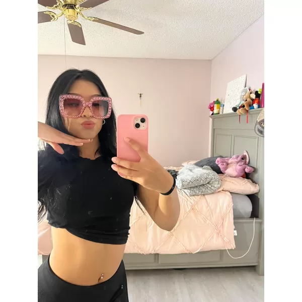 FEISEDY Women Sparkling Crystal Sunglasses Oversized Square Thick Frame B22831 Gradient Pink