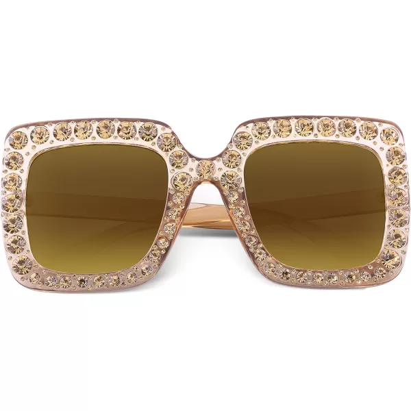 FEISEDY Women Sparkling Crystal Sunglasses Oversized Square Thick Frame B22832 Champagne Gold