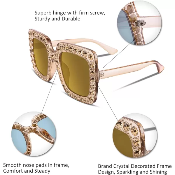 FEISEDY Women Sparkling Crystal Sunglasses Oversized Square Thick Frame B22832 Champagne Gold