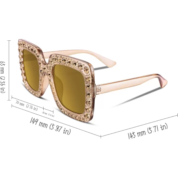 FEISEDY Women Sparkling Crystal Sunglasses Oversized Square Thick Frame B22832 Champagne Gold