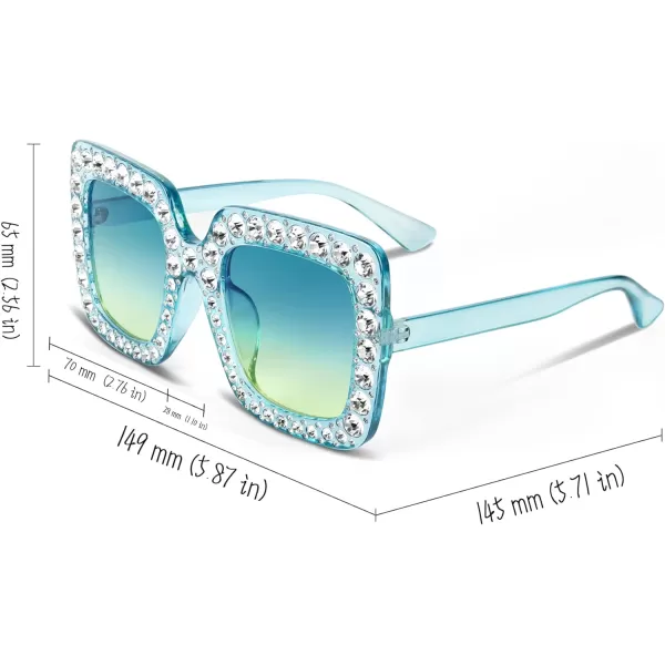FEISEDY Women Sparkling Crystal Sunglasses Oversized Square Thick Frame B22833 Transparent Blue Green