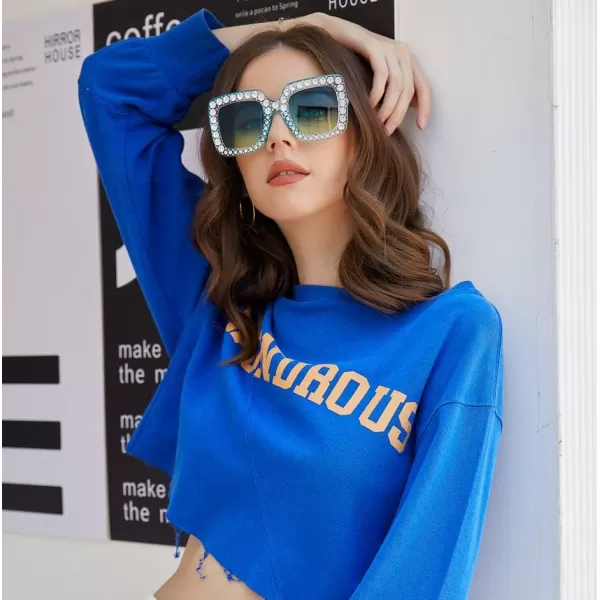 FEISEDY Women Sparkling Crystal Sunglasses Oversized Square Thick Frame B22833 Transparent Blue Green