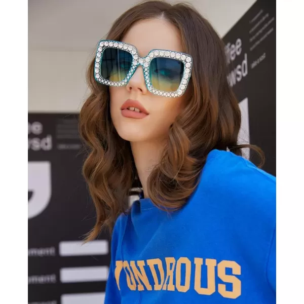 FEISEDY Women Sparkling Crystal Sunglasses Oversized Square Thick Frame B22833 Transparent Blue Green