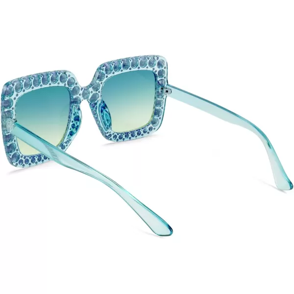 FEISEDY Women Sparkling Crystal Sunglasses Oversized Square Thick Frame B22833 Transparent Blue Green