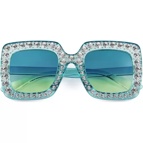FEISEDY Women Sparkling Crystal Sunglasses Oversized Square Thick Frame B22833 Transparent Blue Green
