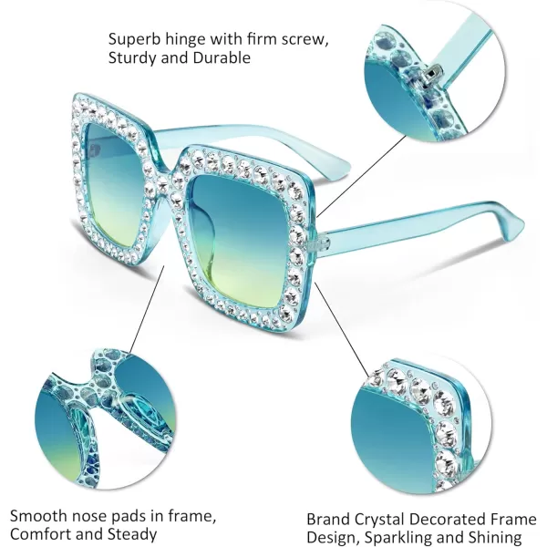 FEISEDY Women Sparkling Crystal Sunglasses Oversized Square Thick Frame B22833 Transparent Blue Green