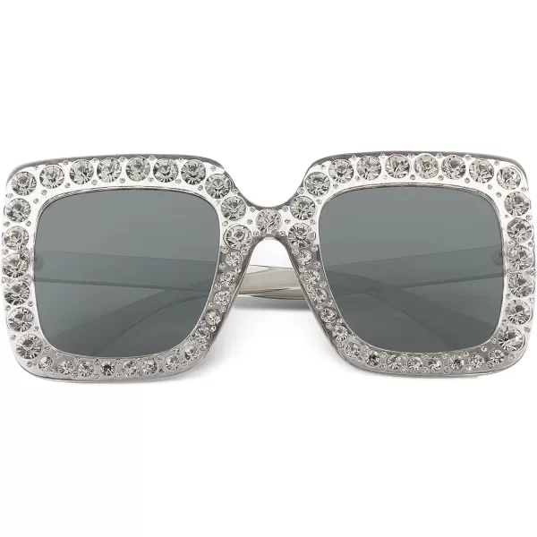 FEISEDY Women Sparkling Crystal Sunglasses Oversized Square Thick Frame B22833 Transparent  Grey