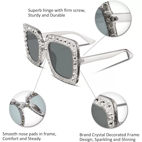 FEISEDY Women Sparkling Crystal Sunglasses Oversized Square Thick Frame B22833 Transparent  Grey