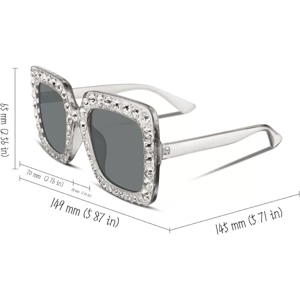 FEISEDY Women Sparkling Crystal Sunglasses Oversized Square Thick Frame B22833 Transparent  Grey