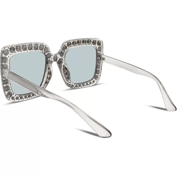 FEISEDY Women Sparkling Crystal Sunglasses Oversized Square Thick Frame B22833 Transparent  Grey
