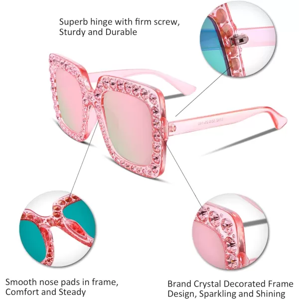 FEISEDY Women Sparkling Crystal Sunglasses Oversized Square Thick Frame B22836 Mirrored Pink