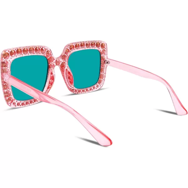FEISEDY Women Sparkling Crystal Sunglasses Oversized Square Thick Frame B22836 Mirrored Pink