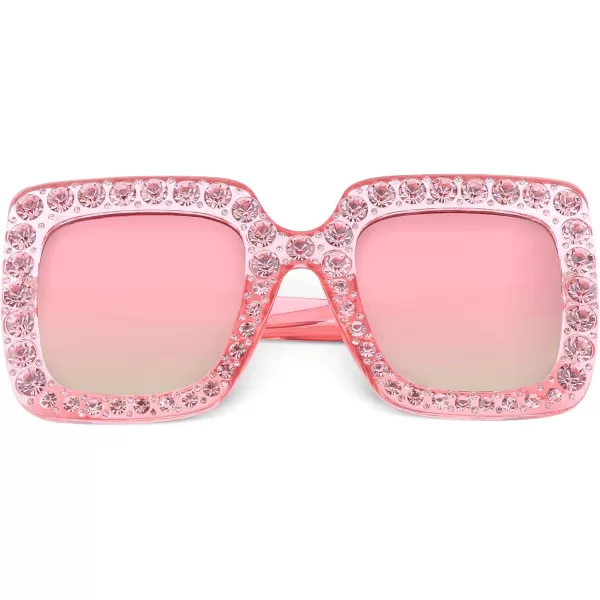 FEISEDY Women Sparkling Crystal Sunglasses Oversized Square Thick Frame B22836 Mirrored Pink