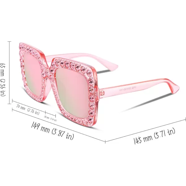 FEISEDY Women Sparkling Crystal Sunglasses Oversized Square Thick Frame B22836 Mirrored Pink