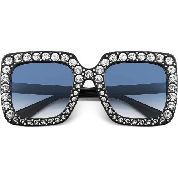 FEISEDY Women Sparkling Crystal Sunglasses Oversized Square Thick Frame B22838 Black  Grey