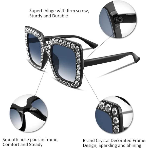FEISEDY Women Sparkling Crystal Sunglasses Oversized Square Thick Frame B22838 Black  Grey