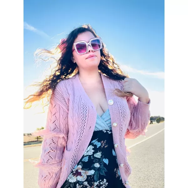 FEISEDY Women Sparkling Crystal Sunglasses Oversized Square Thick Frame B22839 Transparent Purple