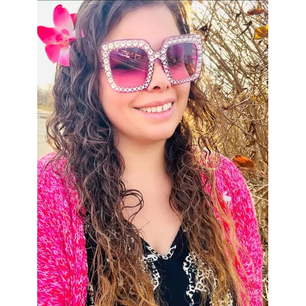 FEISEDY Women Sparkling Crystal Sunglasses Oversized Square Thick Frame B22839 Transparent Purple