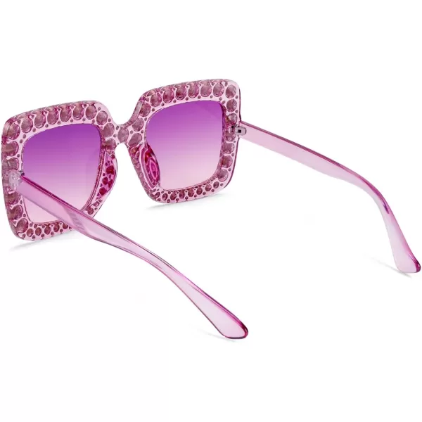 FEISEDY Women Sparkling Crystal Sunglasses Oversized Square Thick Frame B22839 Transparent Purple