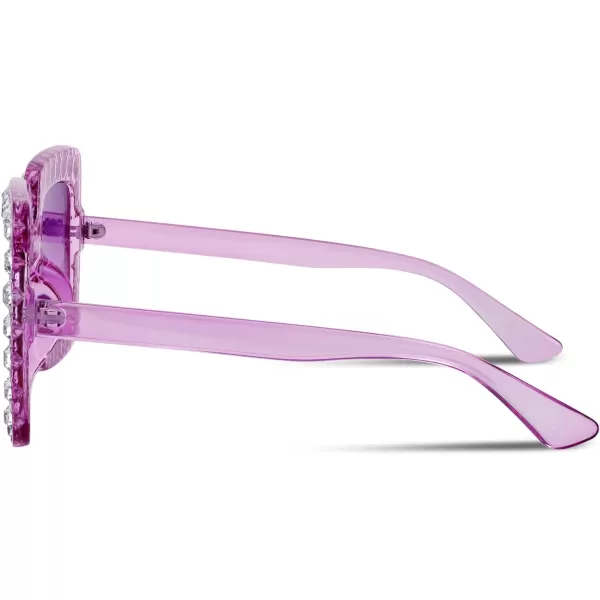 FEISEDY Women Sparkling Crystal Sunglasses Oversized Square Thick Frame B22839 Transparent Purple