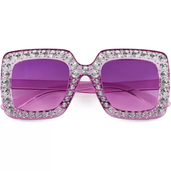 FEISEDY Women Sparkling Crystal Sunglasses Oversized Square Thick Frame B22839 Transparent Purple