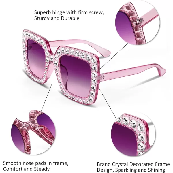 FEISEDY Women Sparkling Crystal Sunglasses Oversized Square Thick Frame B2283Gradient Purple  Pink