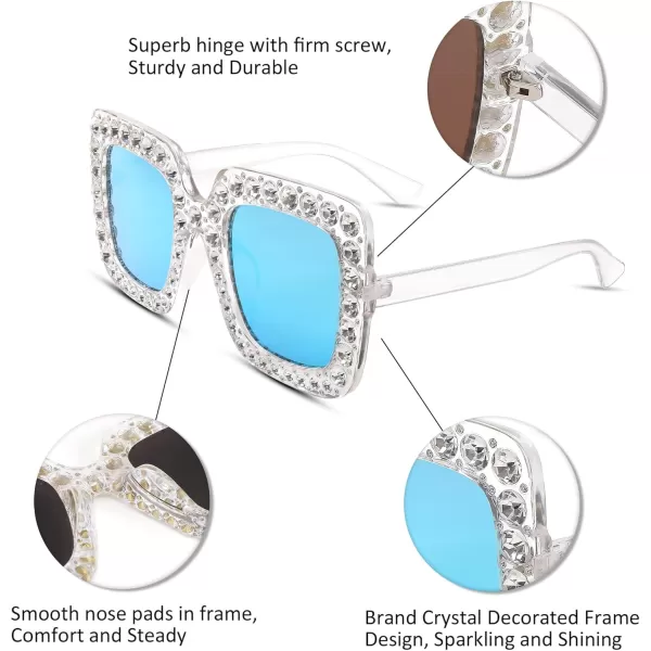 FEISEDY Women Sparkling Crystal Sunglasses Oversized Square Thick Frame B2283Mirrored Blue