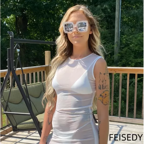 FEISEDY Women Sparkling Crystal Sunglasses Oversized Square Thick Frame B2283Mirrored White