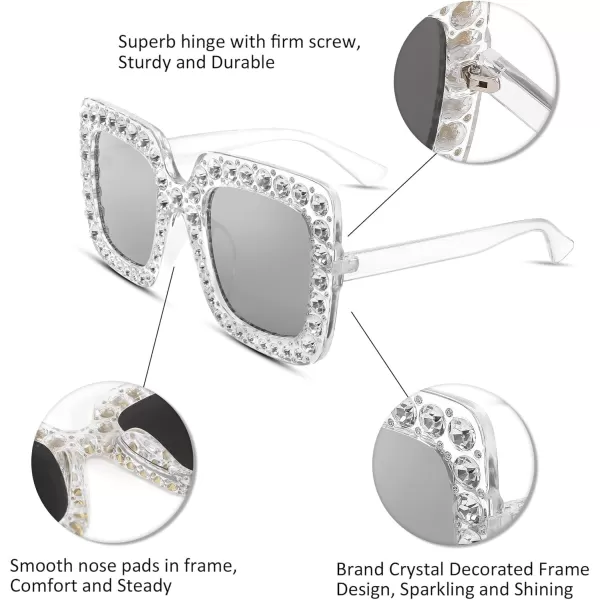 FEISEDY Women Sparkling Crystal Sunglasses Oversized Square Thick Frame B2283Mirrored White