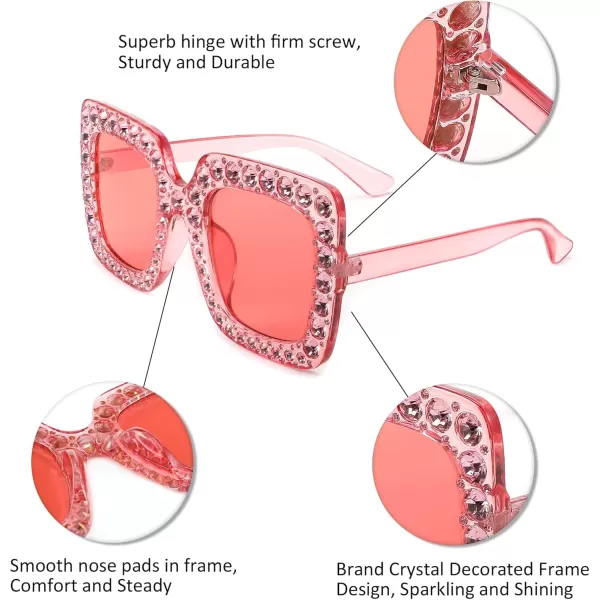 FEISEDY Women Sparkling Crystal Sunglasses Oversized Square Thick Frame B2283Transparent Pink