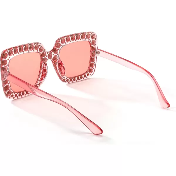 FEISEDY Women Sparkling Crystal Sunglasses Oversized Square Thick Frame B2283Transparent Pink