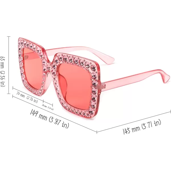 FEISEDY Women Sparkling Crystal Sunglasses Oversized Square Thick Frame B2283Transparent Pink