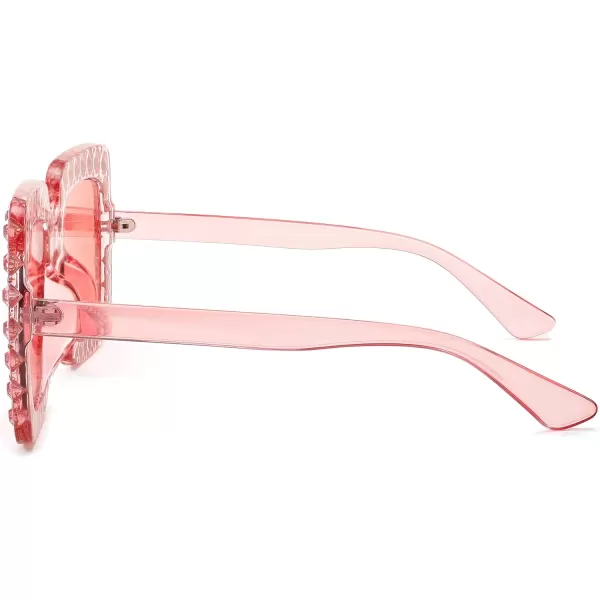 FEISEDY Women Sparkling Crystal Sunglasses Oversized Square Thick Frame B2283Transparent Pink
