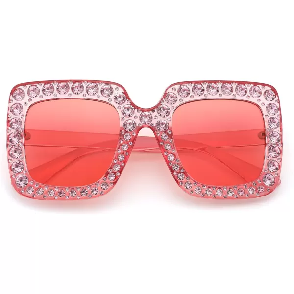 FEISEDY Women Sparkling Crystal Sunglasses Oversized Square Thick Frame B2283Transparent Pink