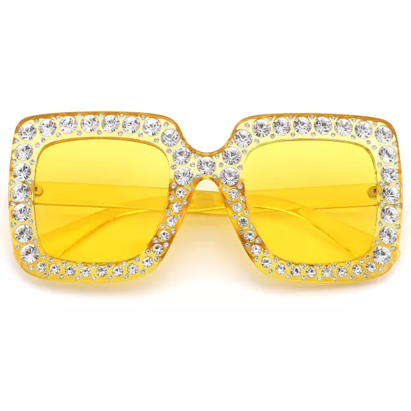 FEISEDY Women Sparkling Crystal Sunglasses Oversized Square Thick Frame B2283Transparent Yellow