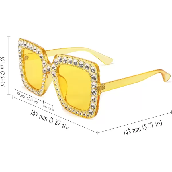 FEISEDY Women Sparkling Crystal Sunglasses Oversized Square Thick Frame B2283Transparent Yellow