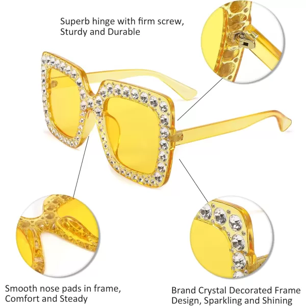 FEISEDY Women Sparkling Crystal Sunglasses Oversized Square Thick Frame B2283Transparent Yellow