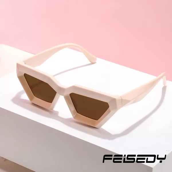FEISEDY Women Sunglasses Cateye Square Vintage Glasses for Men Thick Frame Polygon Sunnies B4079Beige FrameTea Lens