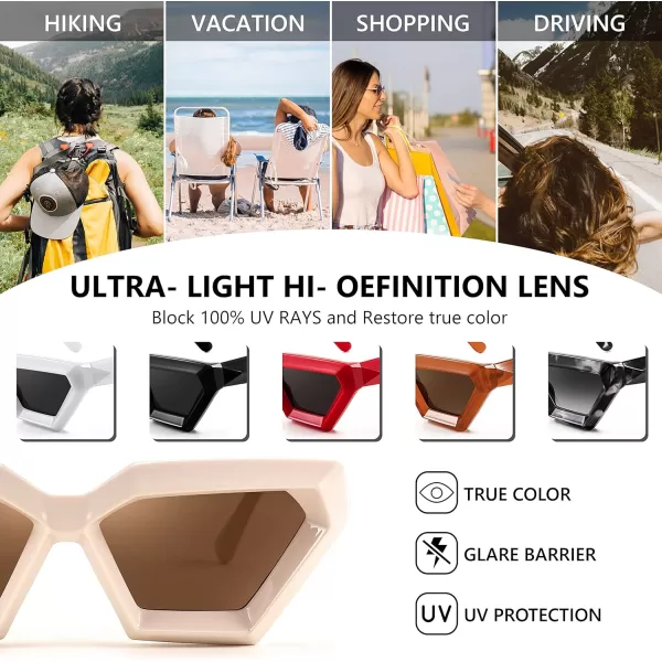 FEISEDY Women Sunglasses Cateye Square Vintage Glasses for Men Thick Frame Polygon Sunnies B4079Beige FrameTea Lens