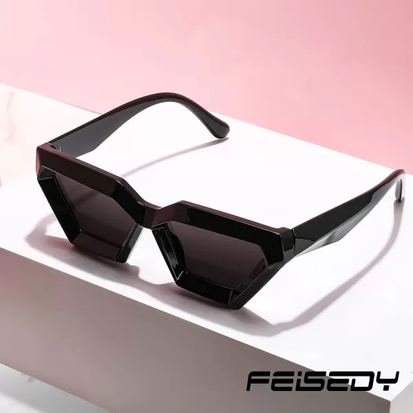 FEISEDY Women Sunglasses Cateye Square Vintage Glasses for Men Thick Frame Polygon Sunnies B4079Black FrameGrey Lens
