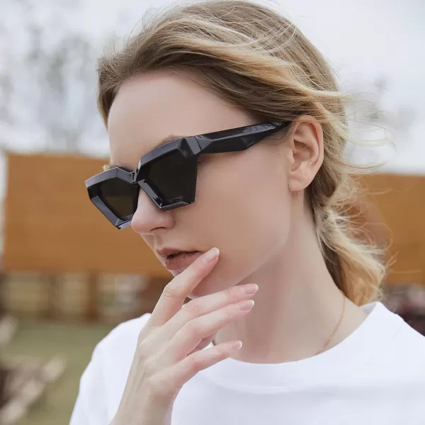 FEISEDY Women Sunglasses Cateye Square Vintage Glasses for Men Thick Frame Polygon Sunnies B4079Black FrameGrey Lens